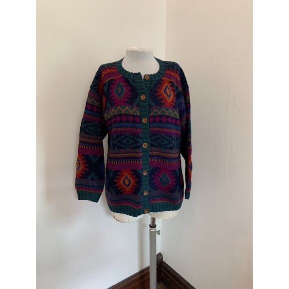 Y2K VTG Nomadic Traders Cardigan Sweater Geometric Aztec Knit Boho Wool Peru - Picture 9 of 15